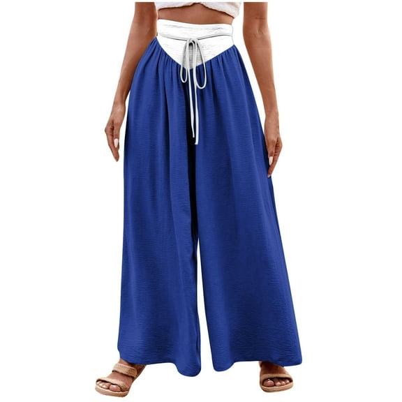 Annhoo Palazzo Pants for Women Trendy Color Block High Waisted Drawstring Trousers Casual Pleated Wide Leg Pants