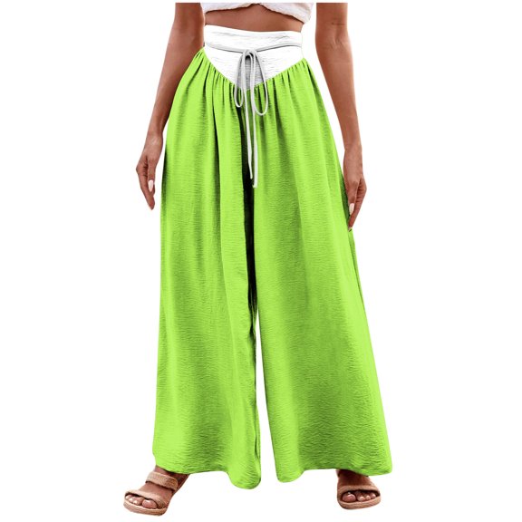 Annhoo Palazzo Pants for Women Trendy Color Block High Waisted Drawstring Trousers Casual Pleated Wide Leg Pants
