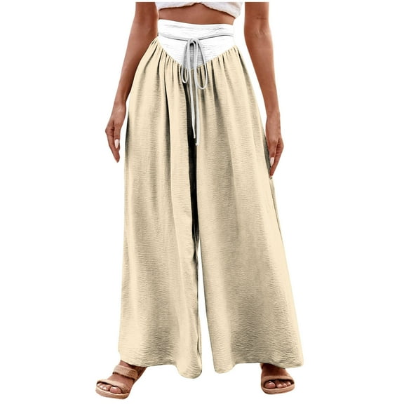 Annhoo Palazzo Pants for Women Trendy Color Block High Waisted Drawstring Trousers Casual Pleated Wide Leg Pants