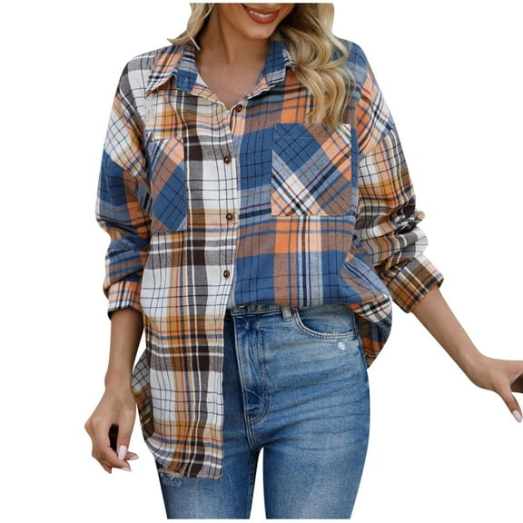 Annhoo Plaid Jackets for Women Long Sleeve Lapel Button down Shacket Fall Classic Thin Outwear with Pockets