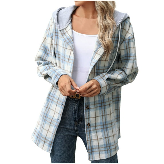 Annhoo Plaid Shacket for Women Fall Drawstring Long Sleeve Flannel Hoodies Casual Button down Outwear with Pocket