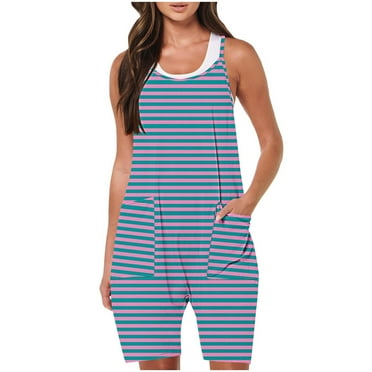 Annhoo Plus Size Casual Jumpsuit for Women Summer Striped Printed Sleeveless Round Neck Romper with Pocket