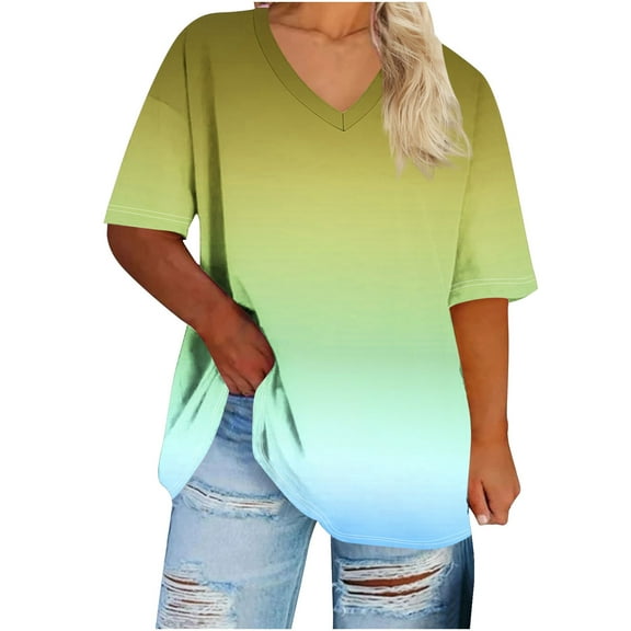 Annhoo Plus Size Clothes for Women V Neck Gradient Oversized Tops Short Sleeve Loose Daily Summer Tunic Blouse