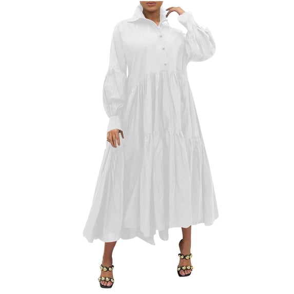 Annhoo Plus Size Dresses for Women Button Front Long Sleeve Collared Dress Casual Loose Ruffle Tiered Long Dress