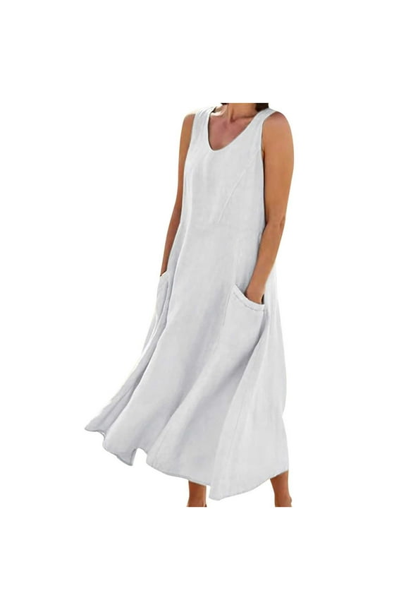Plus Size Dresses for Women Sleeveless Summer Cotton Linen Casual Round Neck Beach Maxi Dress with Pockets