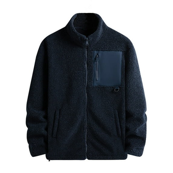 Annhoo Plus Size Fleece Coat for Men Full Zip Long Sleeve Stand Collar Pocket Tops Solid Color Warm Fall Winter Clothes