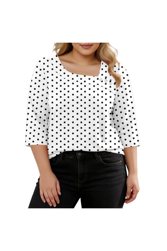 Plus Size Half Sleeve Tops for Women with Buttons Asymmetrical Neck Shirts Color Block Casual Blouses
