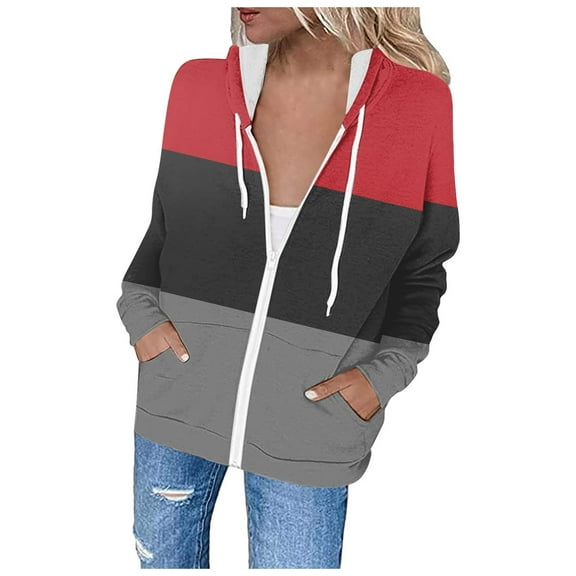 Annhoo Plus Size Hoodies for Women Casual Long Sleeve Zipper up Jacket Fall Fashion Color Block Drawstring Sweatshirt