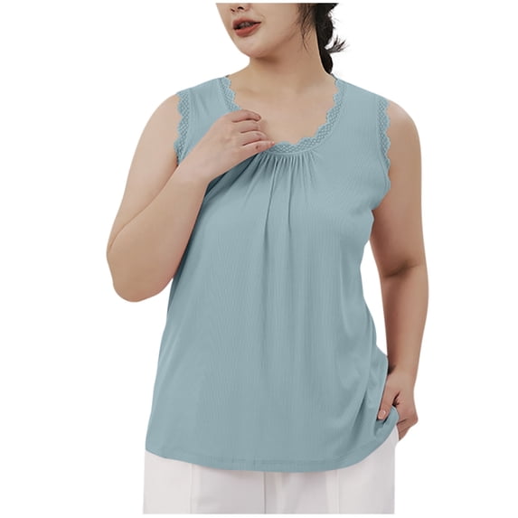 Annhoo Plus Size Pajama Tops for Women Loose Crewneck Lacework Pleated Solid Color Sleeveless Shirts Sleepwear Clothes