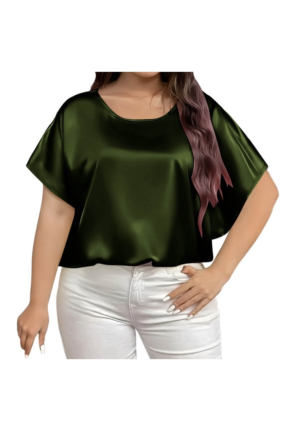 Plus Size Satin Top for Womens Short Sleeve Round Neck Clothes Solid Color Business Casual Relaxed Blouse