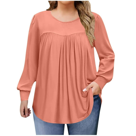 Annhoo Plus Size Shirts for Women Pleated Long Sleeve Crew Neck Loose Casual Pullover Solid Color Tunic Trendy Tops Blouse