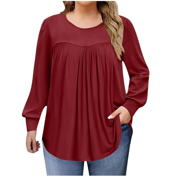Annhoo Plus Size Shirts for Women Pleated Long Sleeve Crew Neck Loose Casual Pullover Solid Color Tunic Trendy Tops Blouse