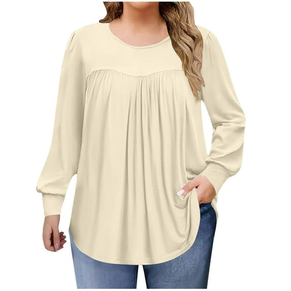 Annhoo Plus Size Shirts for Women Pleated Long Sleeve Crew Neck Loose Casual Pullover Solid Color Tunic Trendy Tops Blouse