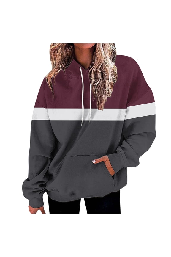 Plus Size Sweatshirts for Women Drawstring Color Block Hooded Blouse with Pocket Loose Long Sleeve Casual Tops