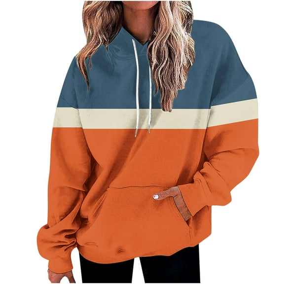 Annhoo Plus Size Sweatshirts for Women Drawstring Color Block Hooded Blouse with Pocket Loose Long Sleeve Casual Tops