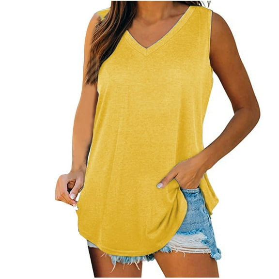 Besolor Summer Tank Tops for Women Casual V Neck Sleeveless Basic Tee Shirts Loose Flowy Solid Color T-Shirts