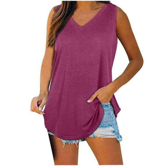 Besolor Summer Tank Tops for Women Casual V Neck Sleeveless Basic Tee Shirts Loose Flowy Solid Color T-Shirts