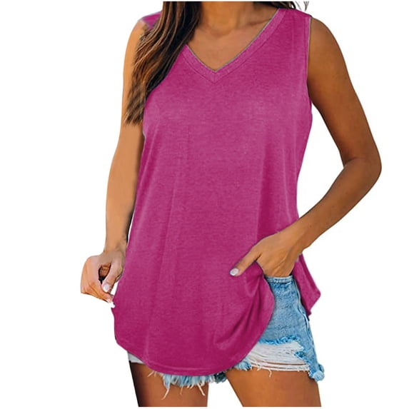 Besolor Summer Tank Tops for Women Casual V Neck Sleeveless Basic Tee Shirts Loose Flowy Solid Color T-Shirts