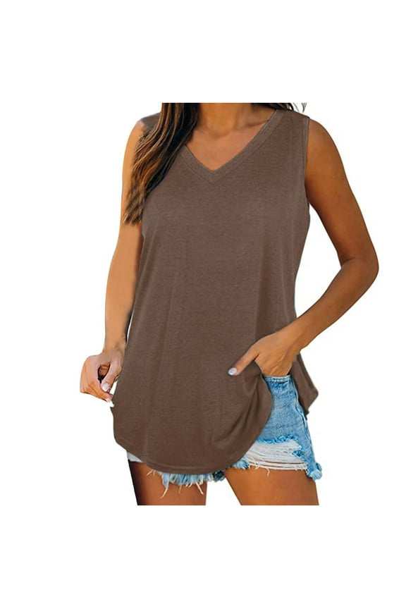 Summer Tank Tops for Women Casual V Neck Sleeveless Basic Tee Shirts Loose Flowy Solid Color T-Shirts