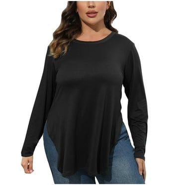Annhoo Plus Size Tops for Women Fall Solid Round Neck Long Sleeves Dressy Shirts Fashion Curved Hem T-Shirt