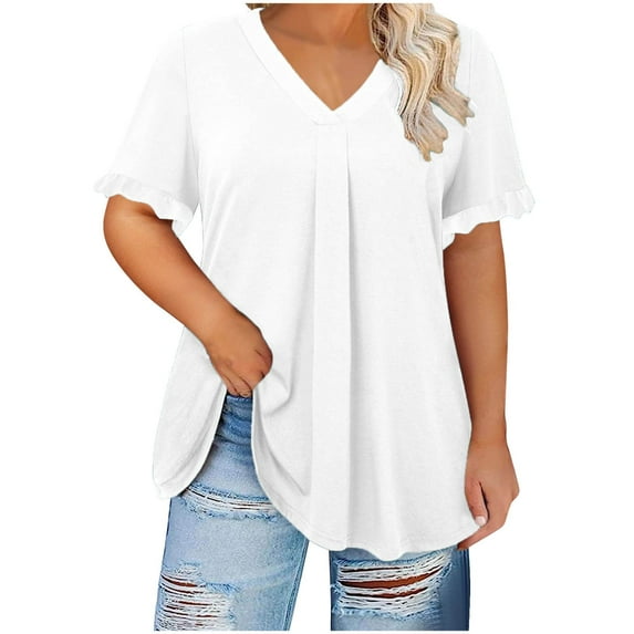 Annhoo Plus Size Tops for Women Ruffle Pleated Short Sleeve T-Shirts Summer V Neck Casual Vacation Basic Blouses