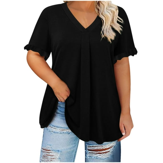 Annhoo Plus Size Tops for Women Ruffle Pleated Short Sleeve T-Shirts Summer V Neck Casual Vacation Basic Blouses