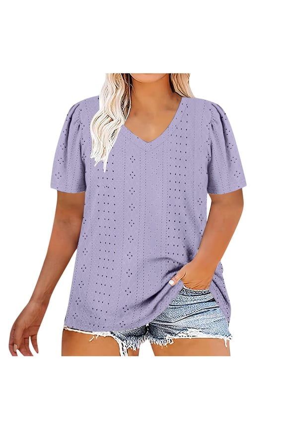 Plus Size Tops for Women Short Sleeve Eyelet Embroidery V Neck T Shirts Casual Hollow out Oversize Blouses