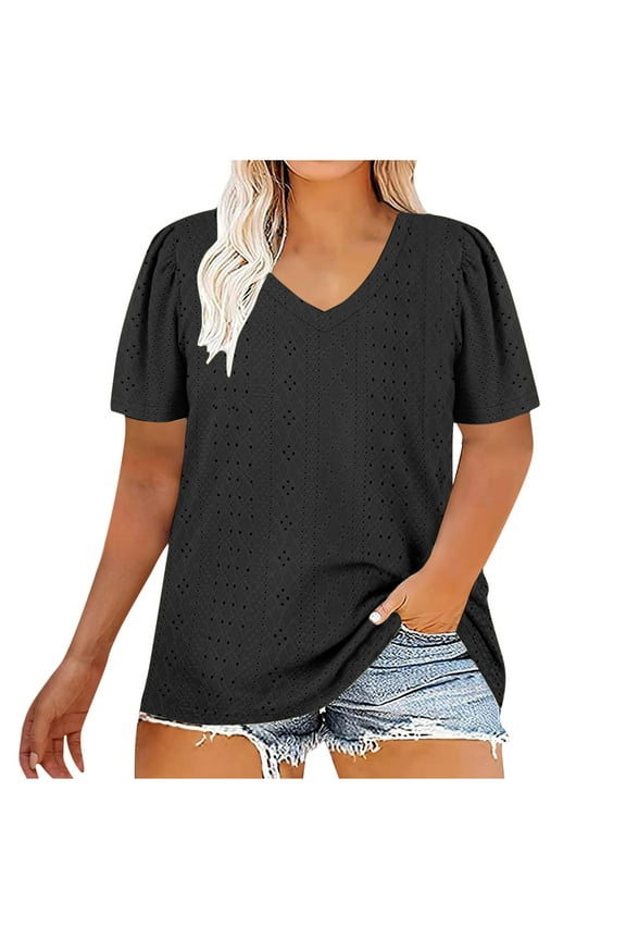 Plus Size Tops for Women Short Sleeve Eyelet Embroidery V Neck T Shirts Casual Hollow out Oversize Blouses