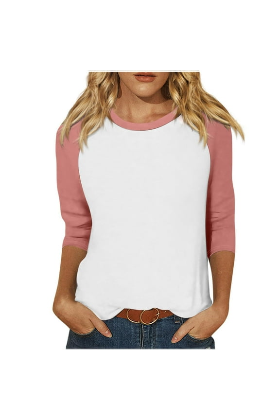 Plus Size Tops for Women Tendy Color Block Round Neck 3/4 Sleeve Shirts Fall Casual Loose Blouse Tees