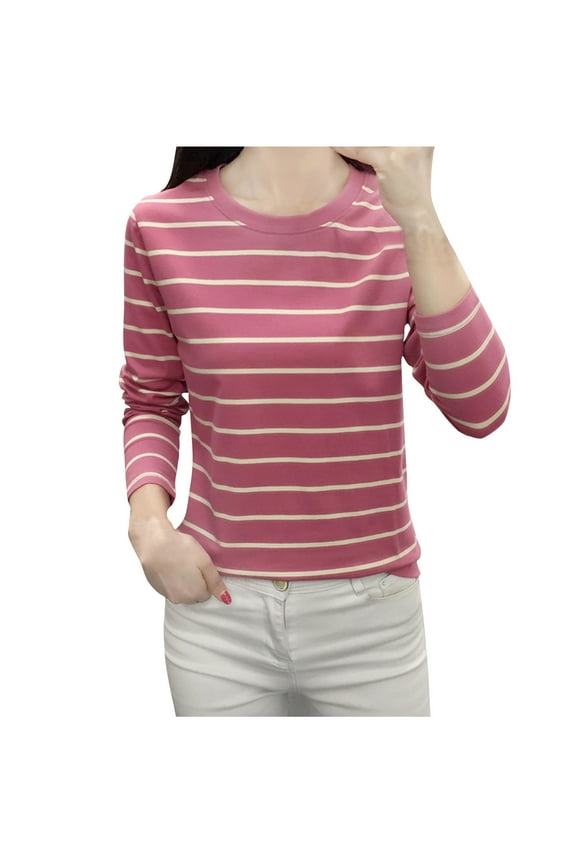 Plus Size Tops for Women Trendy Stripe Printed Long Sleeved Shirts Fall Casual Round Neck Blouse Tees