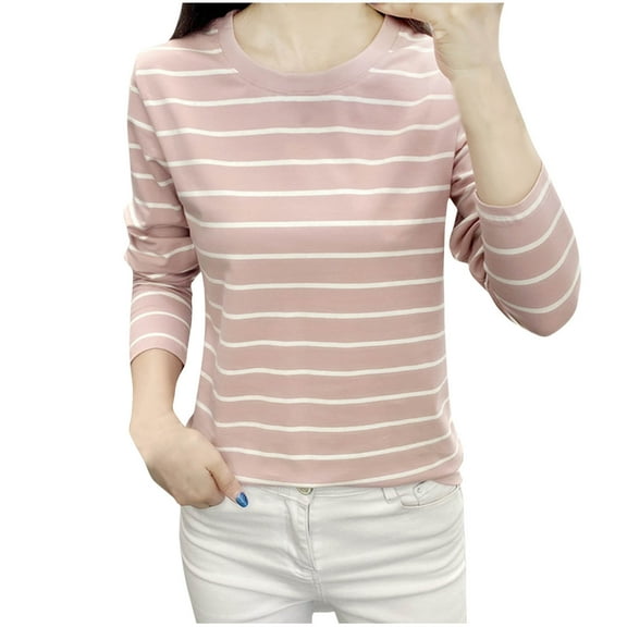 Annhoo Plus Size Tops for Women Trendy Stripe Printed Long Sleeved Shirts Fall Casual Round Neck Blouse Tees