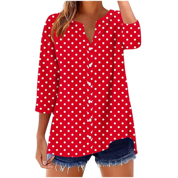 Annhoo Plus Size Tops for Women V Neck Block Color Print Button Down Tunic 3/4 Sleeve Shirts Trendy Clothes