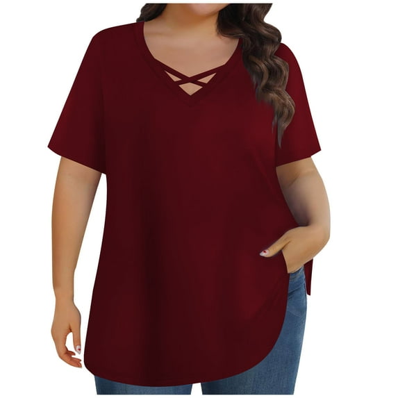 Annhoo Plus Size Tops for Women V Neck Solid Color Short Sleeve Shirts Summer Trendy Casual Comfy Travel Blouses