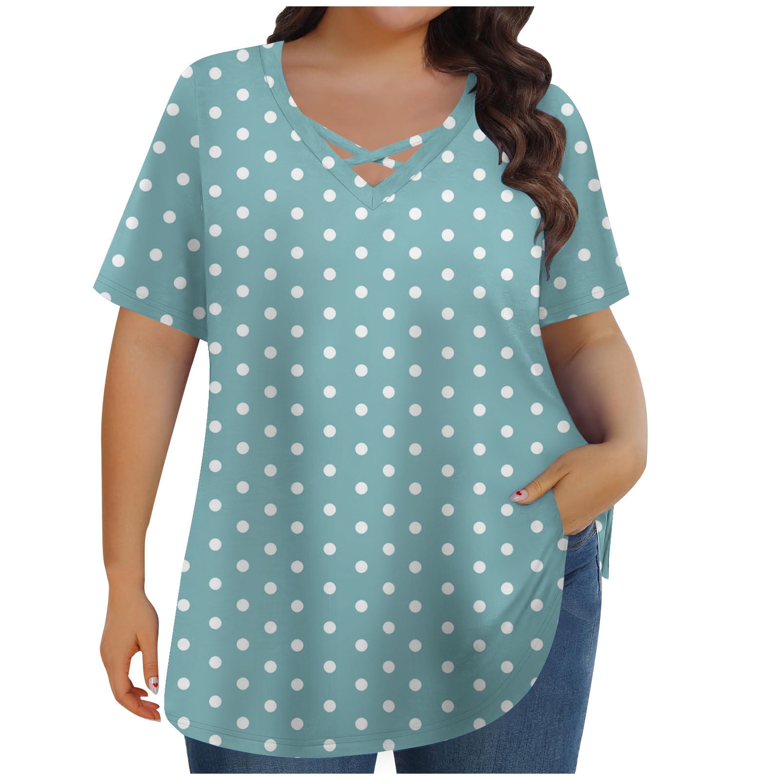 Annhoo Plus Size Tshirts for Women Polka Dots V Neck Criss Cross Tops ...