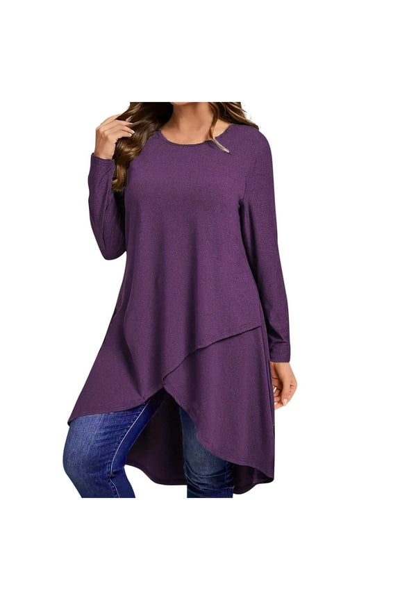 Plus Size Women's Casual Tunic Tops Long Sleeve Loose Crew Neck Blouses High-Low Irregular Hem Flowy Long Shirts