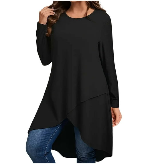 Annhoo Plus Size Women's Casual Tunic Tops Long Sleeve Loose Crew Neck Blouses High-Low Irregular Hem Flowy Long Shirts