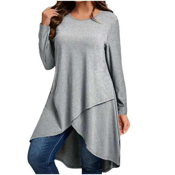 Annhoo Plus Size Women's Casual Tunic Tops Long Sleeve Loose Crew Neck Blouses High-Low Irregular Hem Flowy Long Shirts