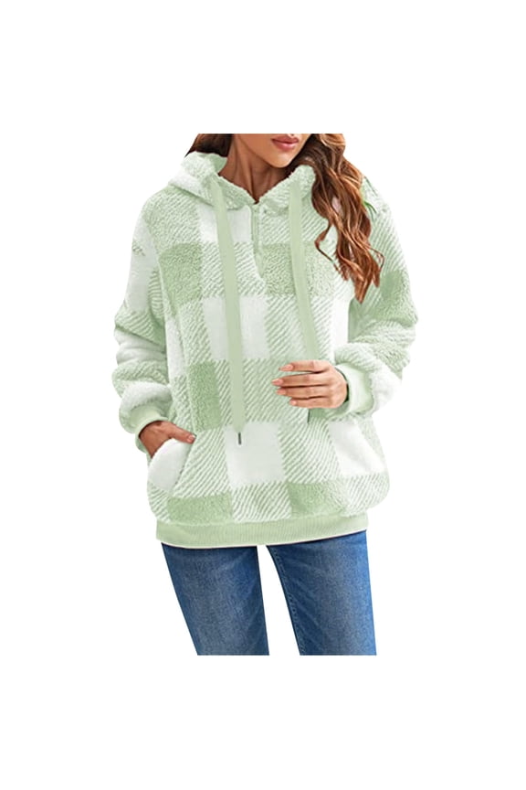 Plush Hoodies for Women Plus Size Long Sleeve Quarter Zip Pullover Tops Winter Fuzzy Warm Plaid Sweatshirts