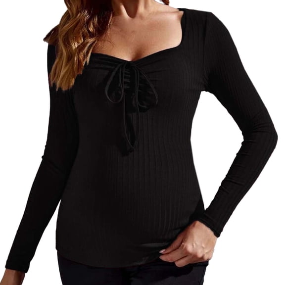Annhoo Pregnant Long-Sleeved Shirts Tie Front Dressy Square Neck Pullover Comfy Trendy Maternity Blouse Ribbed Knit Tops
