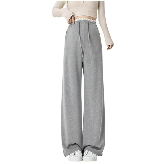Annhoo Pregnant Sweatpants for Women Drawstring Elastic Waist Solid Color Trousers Maternity Baggy Wide Leg Lounge Pants