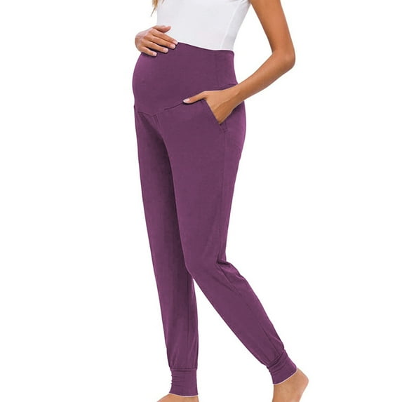 Annhoo Pregnant Women's Pants Solid Color Elastic High Waist Leggings with Pockets Comfy Casual Homewear Trousers