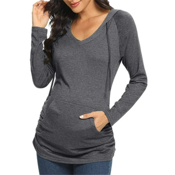 Annhoo Pregnant Womens Sweatshirts Pleated Long Sleeve Drawstring Hooded Blouse with Pocket Casual Soft Maternity Clothes