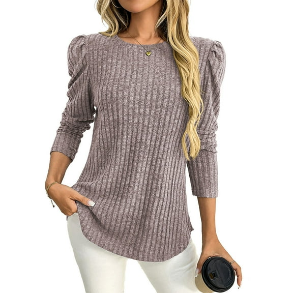 Annhoo Puff 3/4 Sleeve Sweater for Women Soft Long Sleeve Crew Neck Knit Pullover Work Dressy Tops Lightweight Blouse