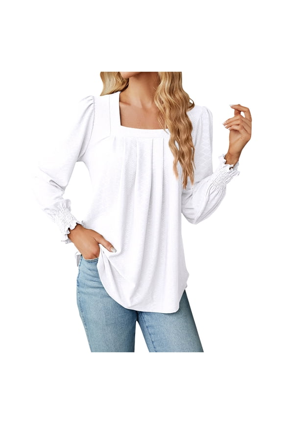 Puff Long Sleeve Shirts for Women Fall Casual Pleated Square Neck Dressy Tops Baggy Solid Vacation Blouses