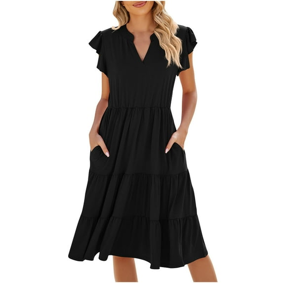 Annhoo Ruffle Sleeve Dresses for Women Summer V Neck Flowy Tiered Casual Beach Vacation Travel Midi Sundresses