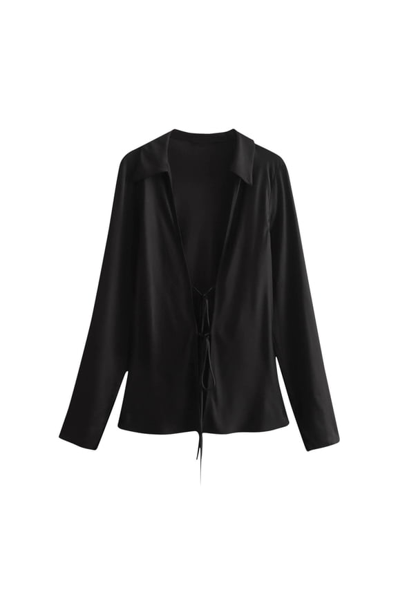 Satin Shirts for Women Fall Long Sleeve Front Drawstring Lapel Tops Ladies Casual Solid Color Blouse Tees
