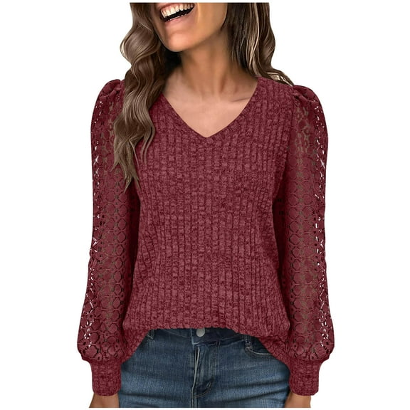 Annhoo Shirts for Women Casual V Neck Lace Long Sleeve Sweaters Tunic Loose Lightweight Blouse Fall Winter Tops Clothes