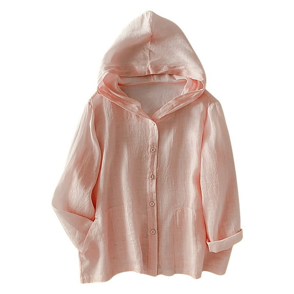 Annhoo Shirts for Women Linen Casual Solid Color Button Down Lightweight Long Sleeve Hooded Tops Spring Basic Clothes