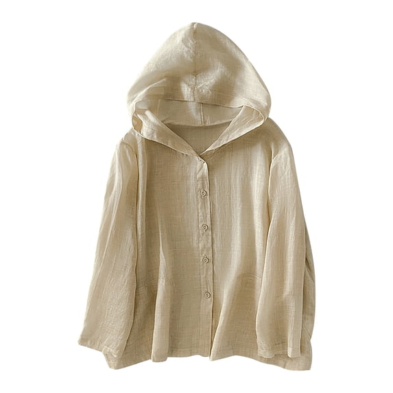Annhoo Shirts for Women Linen Casual Solid Color Button Down Lightweight Long Sleeve Hooded Tops Spring Basic Clothes