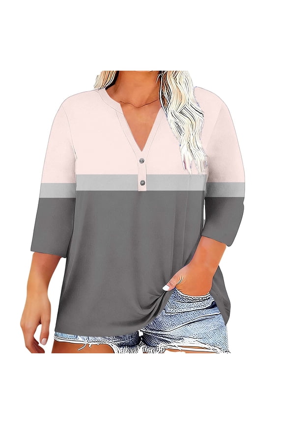 Shirts for Women Summer V Neck with Button Block Color Stripe Long Sleeve Tops Spring Casual Clothes
